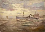 Ships on Rocky Waters by Eduardo de Martino, oil on board, sold Nov 2022