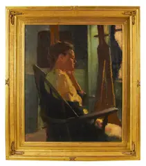 woman seated with easel by Paul Ingbretson, oil on canvas, sold Jan 2026