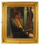 woman seated with easel by Paul Ingbretson, oil on canvas, sold Jan 2026