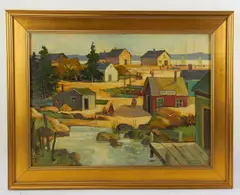 coastal fishing village by Clarence F. Attridge, oil on board, sold Jan 2026