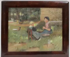 pastoral view of two children in grass with chickens by Willy Martens, oil on canvas, sold Jan 2026