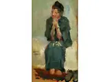 Frau in Grünem Kleid auf Weissem Polster Sitzend by Isaac L. Israels, oil on board, sold Sep 2015