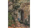 Jardin rue Ferand au Petit Montrouge (lesende Frau im Garten vor Einem Steinportal) by Maximilien Luce, oil on canvas, sold Apr 2022