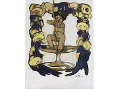 Zielender Amor mit Bogen in Champagnerschale, Umrahmt von Rosengirlande by Leo Putz, tempera, offered Sep 2025