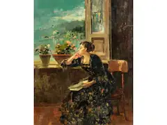 Sitzende Junge Frau am Fenster by Vincenzo Irolli, oil on canvas, offered Mar 2026