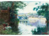 Flusslandschaft mit Bogenbrücke und Wäscherin by Charles Peyrard, oil on canvas, offered Jun 2023