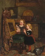 Zwei Mädchen beim Betrachten eines Werkes von Gabriel Metsu, auf dem Boden ein alter Katalog von Christie's by George Smith, 1864, oil on panel, sold Sep 2020
