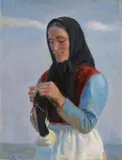 Strickende Frau am Strand by Michael Ancher, 1899, oil on board, sold Sep 2020