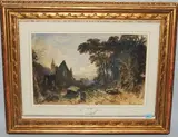 Anhöhe mit Kirche in baumbestandener Landschaft, bei Sonnenuntergang by Charles-François Daubigny, watercolor, sold Sep 2020