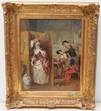 Eine Dame im Salon von zwei Herren überrascht by Laslett John Pott, oil on canvas, sold Sep 2020