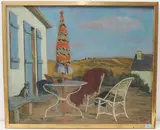 Dialogue muet", Terrasse mit Landschaft im Hintergrund by Gaston Vaudou, 1953, oil on canvas, sold Sep 2020
