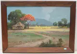 Philippinische Landschaft mit Bauern bei der Heuernte by Crispin Villafuerte López, 1960, oil on canvas, offered Sep 2020