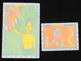 L'art africain: une femme de race jaune sur un fond vert montrant du doigt son magnifique village entouré d'une muraille aux multiples couleurs" und "Le grand s by Frédéric Bruly Bouabré, 2006, drawing, sold Sep 2020