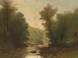 Baumbestandene Flusslandschaft by Gustave Castan, oil on panel, sold Sep 2020