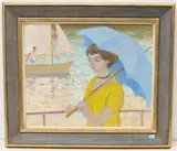 Junge Frau mit hellblauem Sonnenschirm, 1976 by Leo Deck, oil on board, sold Sep 2020