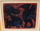 Vögel in Blau by Hans Rudolf Strupler, mixed media, sold Sep 2020