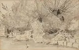 Uferlandschaft am Bielersee by Albert Anker, pen and ink, sold Jun 2020
