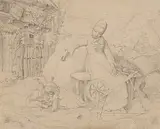 Junge Mutter vor dem Haus am Spinnrad sitzend by Hans Rudolph Geudtner, pencil, sold Jun 2020