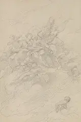 In den Wolken schwebende allegorische Figurengruppe, mit zwei sich umarmenden Frauen im Zentrum, umgeben von mehreren anderen Gestalten (Allegorie des Friedens: by Gregorio Guglielmi, chalk, sold Jun 2020