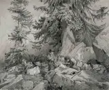 Geissbuben am Weidefeuer by Rudolf Koller, chalk, sold Jun 2020