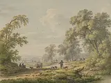 Baumbestandene Landschaft mit Personen- und Tierstaffage by Johann Heinrich Müntz, watercolor, offered Jun 2020