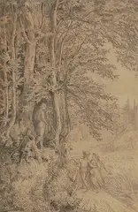 Zugeschrieben Liebespaar am Waldrand von einem Nebenbuhler beobachtet by Ludwig Skell, pencil, sold Jun 2020