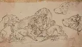 Sauhatz (vier Hunde greifen einen Eber an) by Joseph Georg Winter, pen and ink, offered Jun 2020