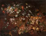 Grosses Stillleben mit Blumen und Früchten by Norditalien, 2.Hälfte 17.Jh., oil on canvas, sold Jun 2020