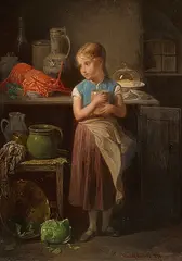 Die kleine Küchenhilfe by Friedrich Friedländer, 1871, oil on panel, sold Jun 2020