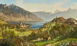 Ansicht des Thunersees mit Spiez by Edward Theodore Compton, 1897, oil on canvas, sold Jun 2020
