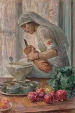 Krankenschwester beim Schneiden der Brote by Louise Catherine Breslau, 1915, oil on canvas, sold Jun 2020