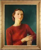 Portrait of a Woman in a Red Shirt by Charlotte Blass, oil on canvas, sold Dec 2022