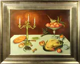 Still Life with Cat by George Hellyer, oil on canvas, sold Dec 2022