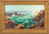 Waves on Rocky Coast by Carl Thorp, oil on canvas, sold Dec 2022
