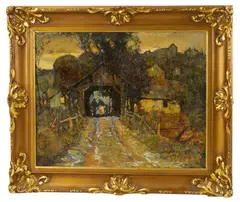 covered bridge scene by Leslie Cope, oil on board, sold Jan 2026