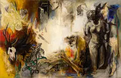 diptych by A Chihung Yang, charcoal and oil on canvas, sold Jan 2026