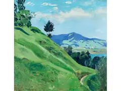 Vorgebirgslandschaft (steilhang bei Kochel) by Thomas Theodor Heine, oil on paper, offered Dec 2024
