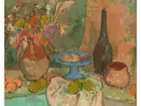 Stillleben mit Blumen, Früchten und Flasche by Sigmund Landau, oil on canvas, offered Apr 2022