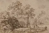 Nach Fischer vor einer Hütte am Ufer eines Teichs by Allart van Everdingen, pen and ink, offered Jun 2020