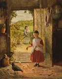 Mädchen beim Hühner füttern by George und Frederick Daniel Hardy, 1887, oil on panel, sold Jun 2020