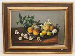 Stillleben mit Früchten, Champignons und einer Artischocke by Robert Humblot, 1954, oil on canvas, sold Jun 2020