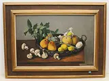 Stillleben mit Früchten, Champignons und einer Artischocke by Robert Humblot, 1954, oil on canvas, sold Jun 2020
