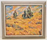 Zypressen mit Kornfeld, Stoupa-Mani, Peleponnes by Toni Maniatis, 1983, oil on canvas, offered Jun 2020