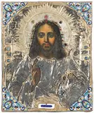 Russisch, 1.Hälfte 19.Jh., Oklad wohl assortiert by Christus Pantokrator mit vergoldetem Silberoklad, tempera, offered Jun 2020
