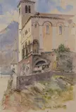 Visp", Blick auf die Kirche St. Martin und den Turm der Dreikönigskirche im Hintergrund by Edward Theodore Compton, watercolor, sold Jun 2020