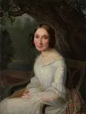 Unter einer Weide an einem Weiher sitzende junge Frau, in hellblauem, spitzenbesetztem Kleid by Genfer Schule, Mitte 19.Jh., oil on canvas, offered Jun 2020