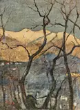 Tessiner Landschaft mit schneebedeckter Bergkette im Hintergrund by Luigi Taddei, oil, sold Jun 2020