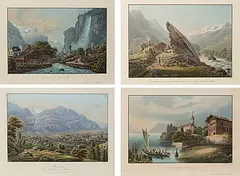 Sammelnummer mit 1 Tuschfederzeichnung, 16 (8 aquarellierte) Bleistiftzeichnungen, 40 (1 kol.) Kupferstichen, 5 kol by Kanton Bern, engraving, sold Jun 2020