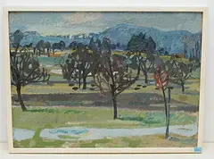 Vorfrühling im Baumgarten (recto) / Hügelige Landschaft (verso) by Hannes Gruber, oil on canvas, sold Jun 2020