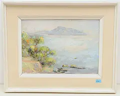 Blick von einer Anhöhe auf die Bucht von Nervi, um 1958 by Charles Hug, oil on board, sold Jun 2020